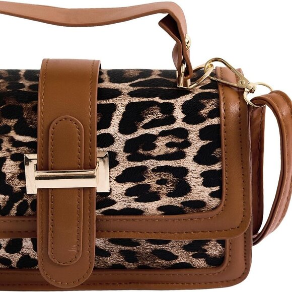 Women's Faux Leather Leopard Crossbody Bag Top Handle Square Flap Handbag - Picture 3 of 5